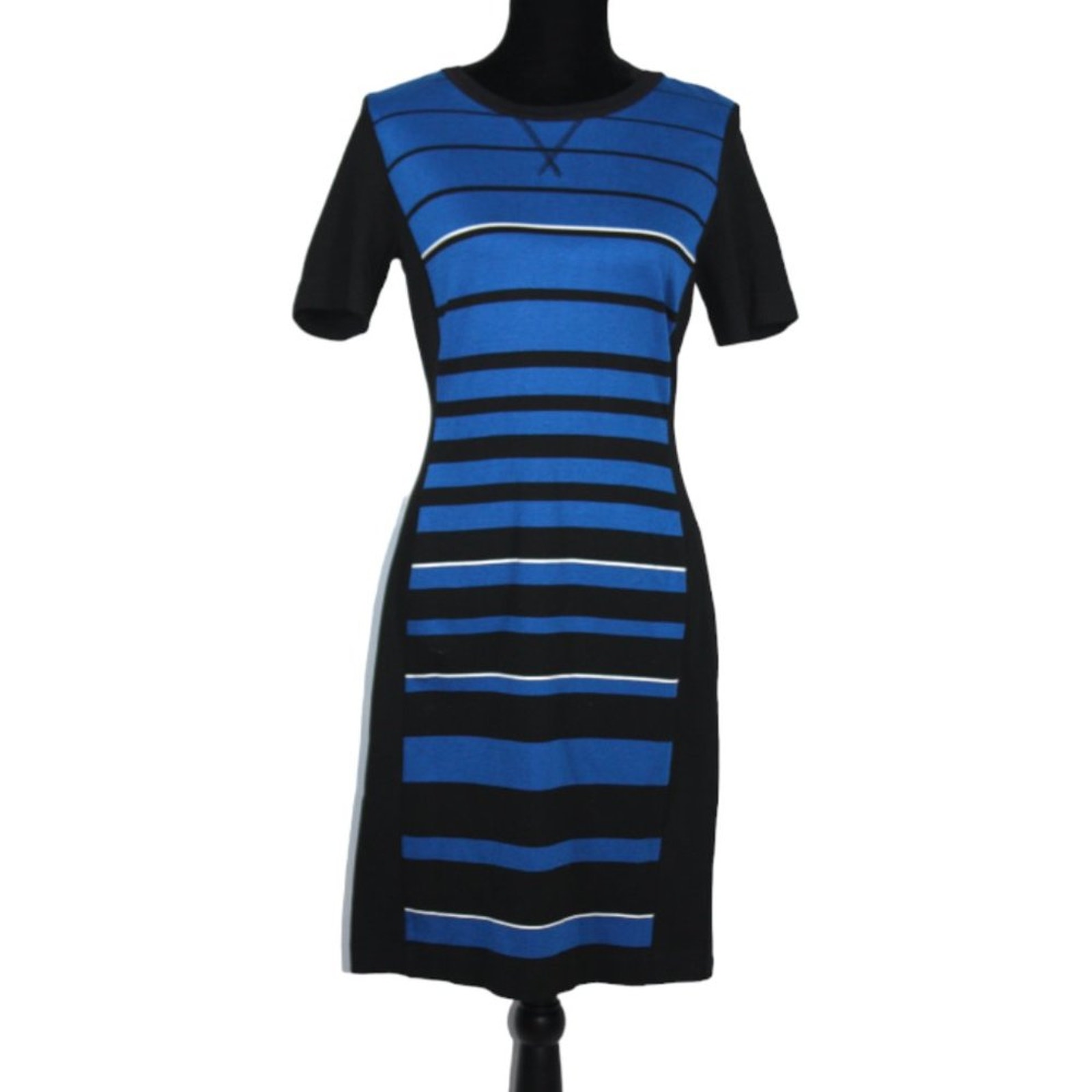 Per Se By Carlisle Royal Blue And Black Striped Short Sleeve Dress Size 6